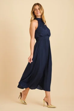 Best Costa Rica Halter Neck Maxi Dress in Navy Satin Dresses|Party