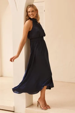 Best Costa Rica Halter Neck Maxi Dress in Navy Satin Dresses|Party
