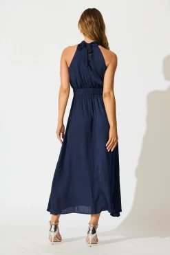 Best Costa Rica Halter Neck Maxi Dress in Navy Satin Dresses|Party