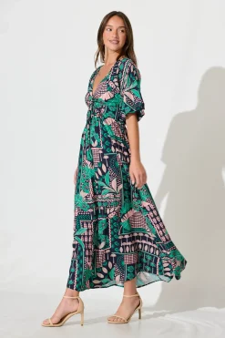 Clearance Coverdale Maxi Dress In Navy With Green And Blush Patchwork Dresses|Casual