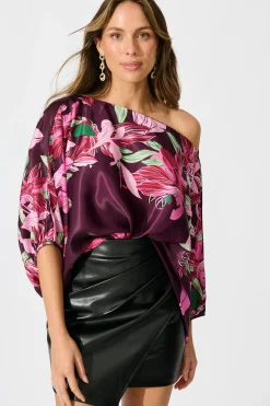 Online Darcy Off shoulder Top in Plum with Pink Floral Print Tops|Party & Occasion
