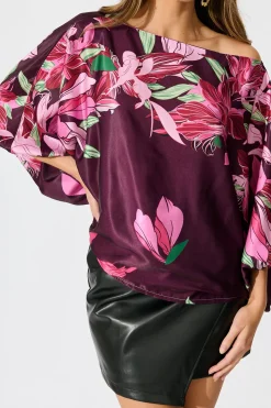 Online Darcy Off shoulder Top in Plum with Pink Floral Print Tops|Party & Occasion