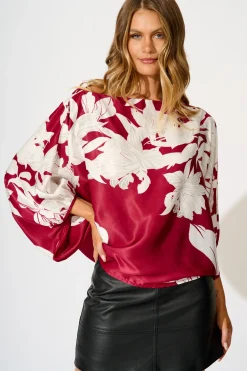 New Darcy Off Shoulder Top in Red with White Floral Print Satin Tops|Party & Occasion