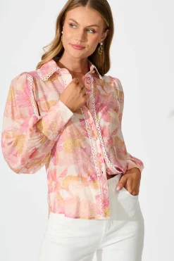 Discount Davies Shirt in Pink Floral With White Lace Trim Tops|Party & Occasion