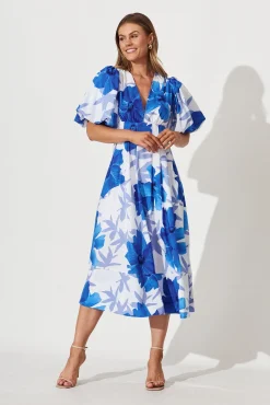 Clearance Daydreamer Midi Dress In White With Blue Flower Print Dresses|Party