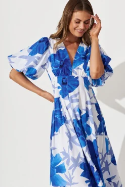 Clearance Daydreamer Midi Dress In White With Blue Flower Print Dresses|Party