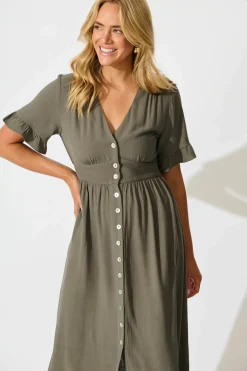 Hot Daysia Midi Dress in Khaki Linen Blend Dresses|Casual