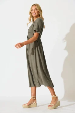 Hot Daysia Midi Dress in Khaki Linen Blend Dresses|Casual