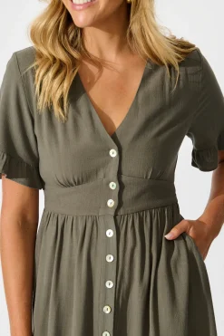 Hot Daysia Midi Dress in Khaki Linen Blend Dresses|Casual