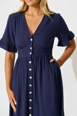Clearance Daysia Midi Dress in Navy Linen Blend Dresses|Casual