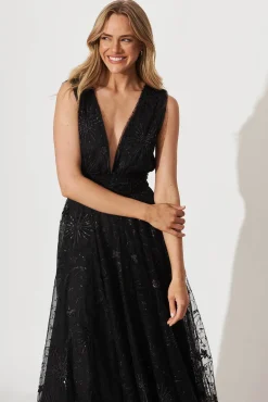 Hot Dazzle Maxi Dress In Black Sequin Tulle Dresses|Cocktail