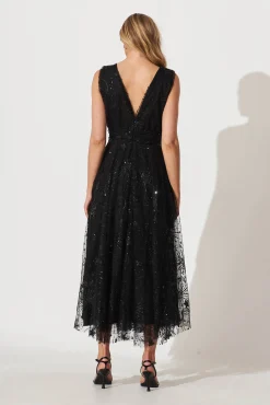Hot Dazzle Maxi Dress In Black Sequin Tulle Dresses|Cocktail