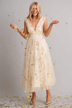 New Dazzle Maxi Dress In Gold Sequin Tulle Dresses|Cocktail