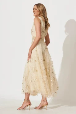 New Dazzle Maxi Dress In Gold Sequin Tulle Dresses|Cocktail