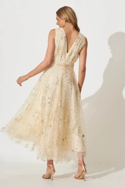 New Dazzle Maxi Dress In Gold Sequin Tulle Dresses|Cocktail