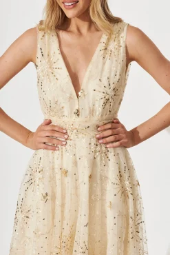 New Dazzle Maxi Dress In Gold Sequin Tulle Dresses|Cocktail