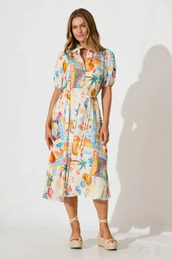 Best Dearest Midi Shirt Dress In Cream With Multi Summer Print Dresses|Casual