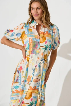 Best Dearest Midi Shirt Dress In Cream With Multi Summer Print Dresses|Casual