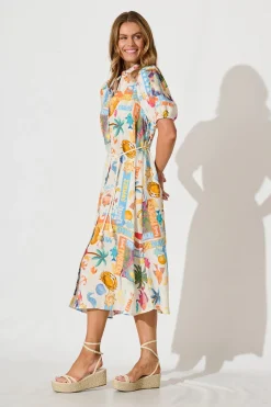 Best Dearest Midi Shirt Dress In Cream With Multi Summer Print Dresses|Casual