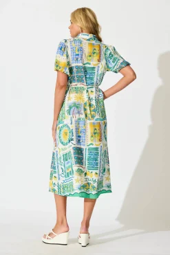 Best Dearest Midi Shirt Dress In Green Multi Border Print Dresses|Casual
