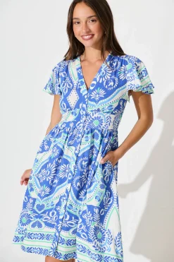 Clearance Deison Smock Dress in Blue and White Print Dresses|Casual