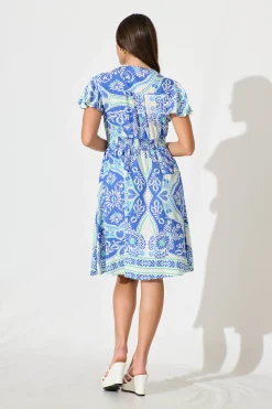 Clearance Deison Smock Dress in Blue and White Print Dresses|Casual