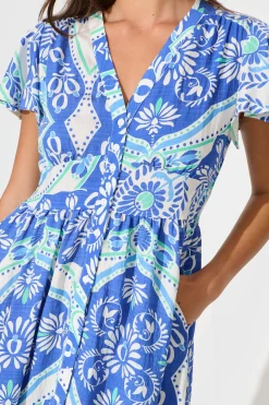 Clearance Deison Smock Dress in Blue and White Print Dresses|Casual