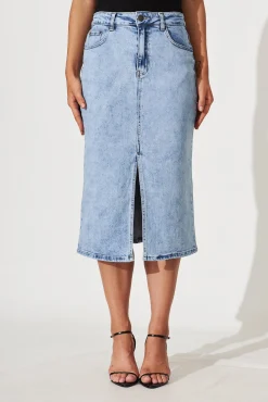 Online Deja Vu Midi Stretch Denim Skirt In Light Blue Wash Bottoms|Denim