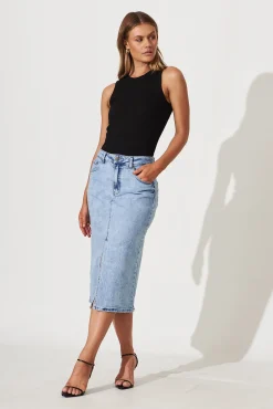 Online Deja Vu Midi Stretch Denim Skirt In Light Blue Wash Bottoms|Denim