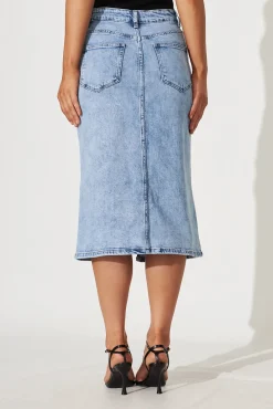 Online Deja Vu Midi Stretch Denim Skirt In Light Blue Wash Bottoms|Denim