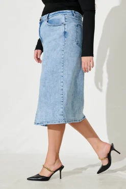 Online Deja Vu Midi Stretch Denim Skirt In Light Blue Wash Bottoms|Denim