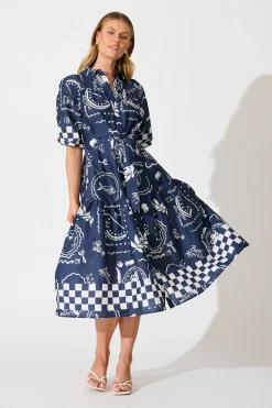 Sale Demi Midi Shirt Dress in Navy with White Cotton Dresses|Casual