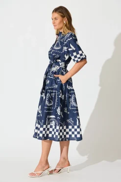 Sale Demi Midi Shirt Dress in Navy with White Cotton Dresses|Casual