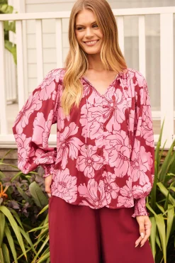 Hot Devotion Top in Wine with Pink Floral Tops