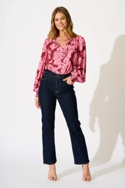 Hot Devotion Top in Wine with Pink Floral Tops