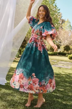 Hot Divine Maxi Dress In Emerald With Pink Multi Floral Print Dresses|Cocktail