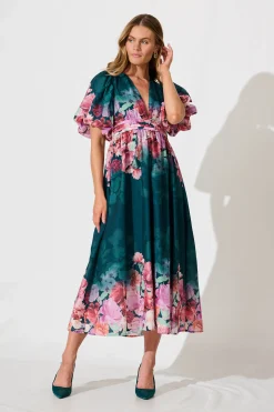 Hot Divine Maxi Dress In Emerald With Pink Multi Floral Print Dresses|Cocktail