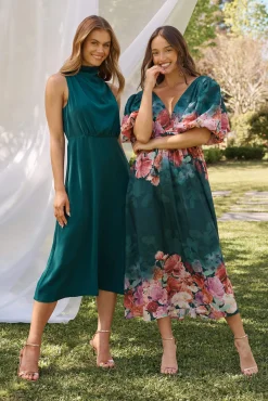 Hot Divine Maxi Dress In Emerald With Pink Multi Floral Print Dresses|Cocktail
