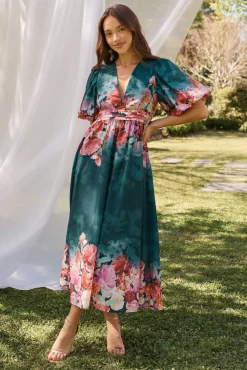 Hot Divine Maxi Dress In Emerald With Pink Multi Floral Print Dresses|Cocktail