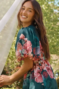 Hot Divine Maxi Dress In Emerald With Pink Multi Floral Print Dresses|Cocktail