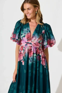 Hot Divine Maxi Dress In Emerald With Pink Multi Floral Print Dresses|Cocktail