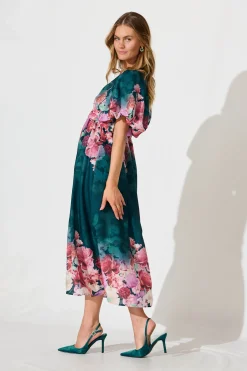 Hot Divine Maxi Dress In Emerald With Pink Multi Floral Print Dresses|Cocktail