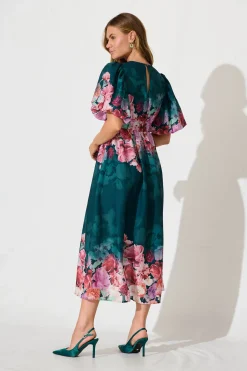 Hot Divine Maxi Dress In Emerald With Pink Multi Floral Print Dresses|Cocktail