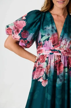Hot Divine Maxi Dress In Emerald With Pink Multi Floral Print Dresses|Cocktail