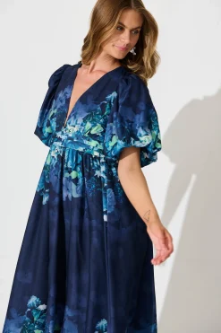 Fashion Divine Maxi Dress In Navy With Sage Multi Floral Print Dresses|Cocktail