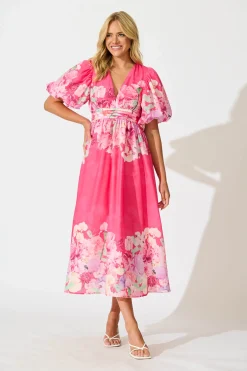 Online Divine Maxi Dress In Pink With Lilac Multi Floral Print Dresses|Cocktail