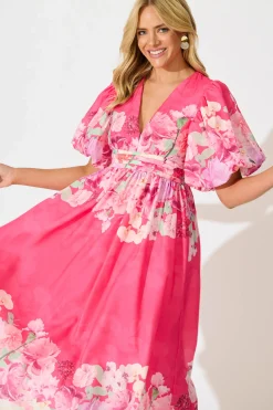 Online Divine Maxi Dress In Pink With Lilac Multi Floral Print Dresses|Cocktail