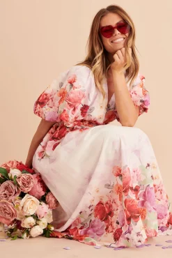 Clearance Divine Maxi Dress In White With Pink Multi Floral Print Dresses|Cocktail