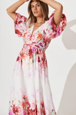 Clearance Divine Maxi Dress In White With Pink Multi Floral Print Dresses|Cocktail