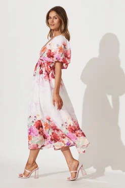 Clearance Divine Maxi Dress In White With Pink Multi Floral Print Dresses|Cocktail